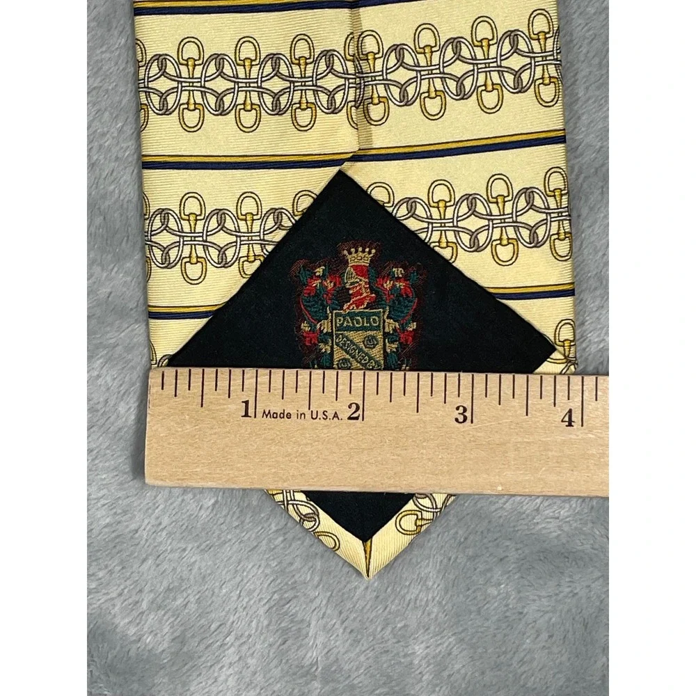 Paolo Designed by Paolo Gucci Mens Silk Tie Yellow Horsebit Chain Link Italy